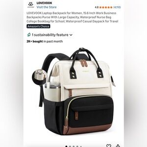 Black & Cream Two-Tone Backpack with Brown Trim